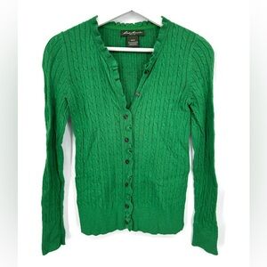 Eddie Bauer Green Cable Knit‎ Button Ruffle Cardigan XS